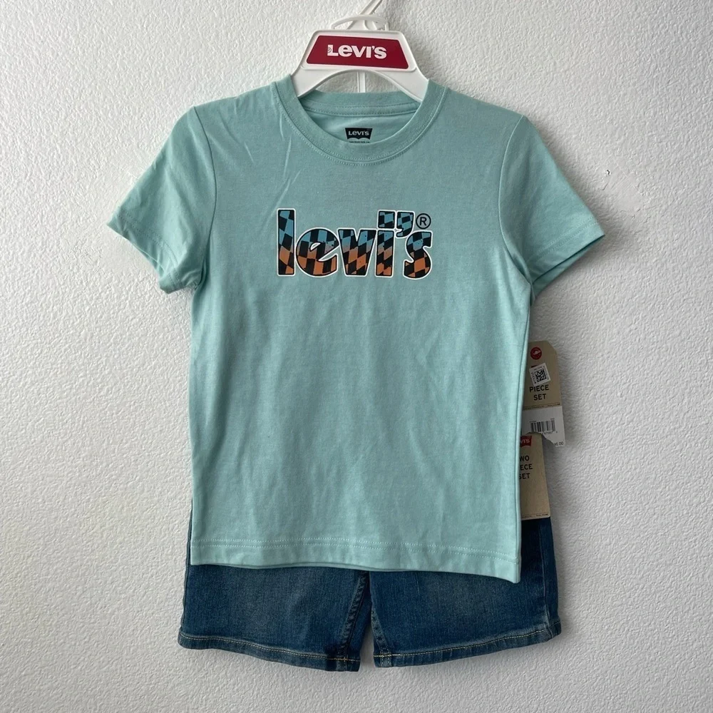LEVI'S Boys Two Piece Set  T-Shirt Light Blue Denim Shorts Outfit Summer Sz 7
